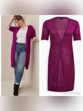 TORRID NWT Pink Purple Space-Dye Duster V-Neck Button-Front Sweater Lightweight